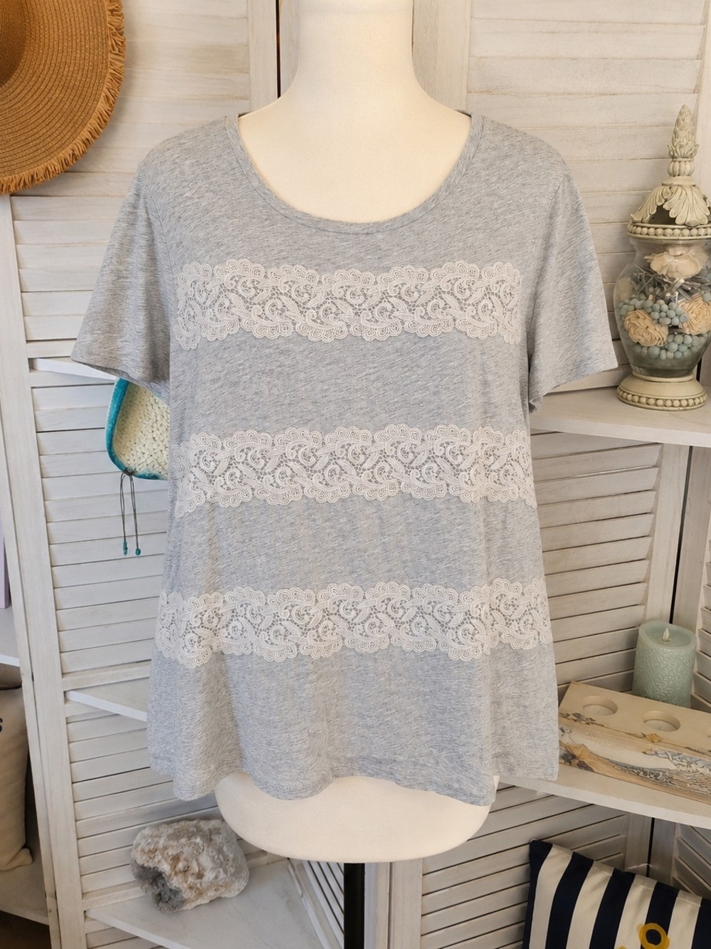 LOFT Gray Lace Stripe Scoop Neck Top Women's Large Boho Romantic